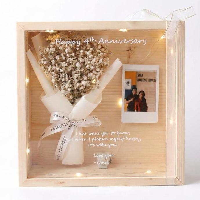Promo Dried flower frame import - 3D wood box with lamp Kaca Kado kotak kayu lampu acrylic foto Disk