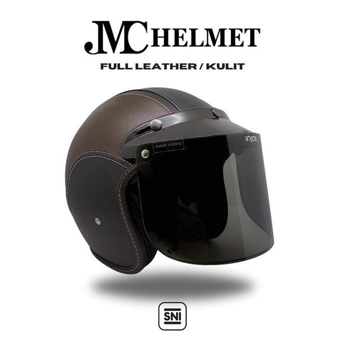 Byxc- Helm Bogo Retro Cokelat Tua Full Leather/Kulit Kaca Polos Biasa Sni Pria/ Wanita