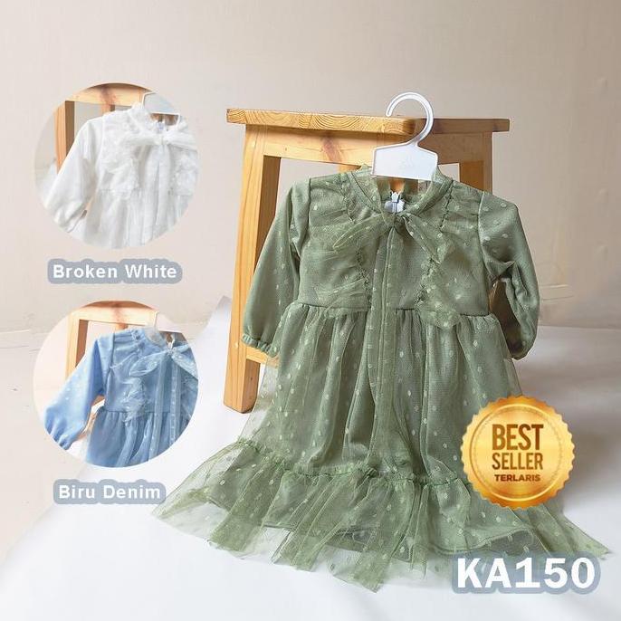 IN69 >> Baju Gaun Bayi Perempuan Lucu 6 12 bulan Korean Style Dress Tile Dot Sage Green Denim Baju A