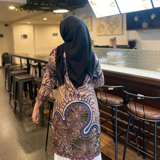 Batik Tunik model kancing depan bahan katun halus lembut lapis furing Trikot motif ungu coklat