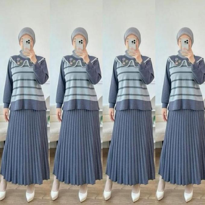 BMF2 - Setelan Rok Bordir Plisket SR 689 One Set XL Rib Knit Pakaian Fashion Muslim Wanita Panjang T