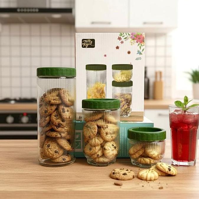 Toples Kaca 8104 3in1 Hijau | Set 3 in 1 Toples Kaca Striped Minimalis   Wadah Kue Kering