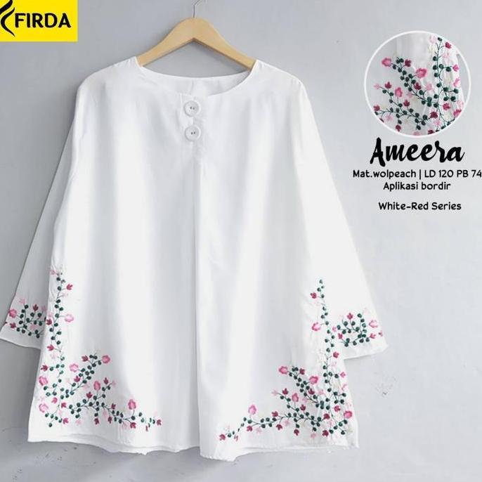 Tunik Putih Jumbo LD 120 Hias Bordir Asli Lengan Panjang