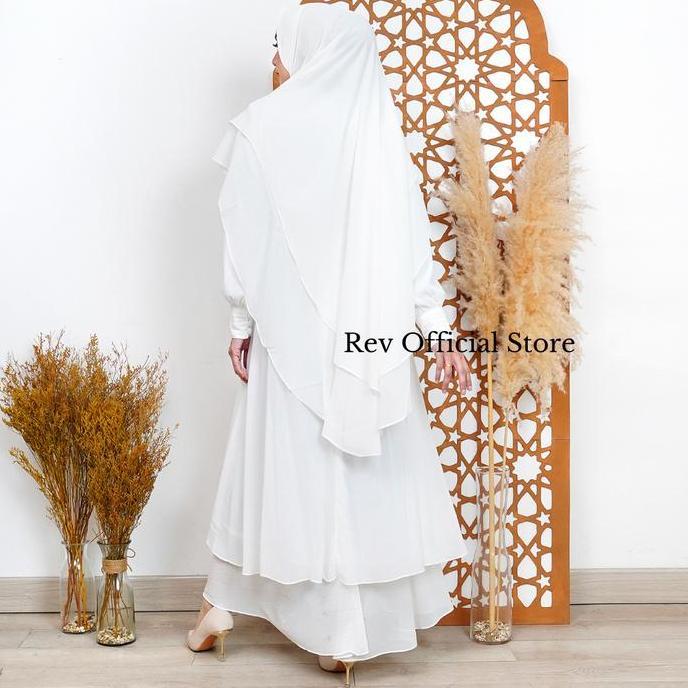 Gamis Rev Set Khimar Wanita Syar'i Busana Haji dan Umroh Putih Ceruty  Mewah