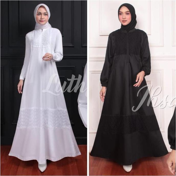 Luthfiya's TERBARU GAMIS PUTIH SIMPLE Bahan Katun Toyobo & Jepang Model Setengah Payung Resleting De