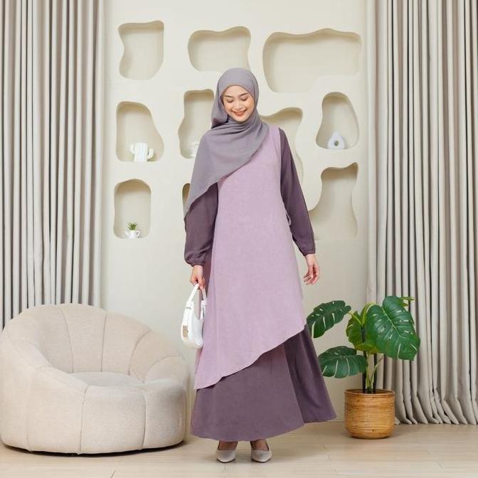 SHABIYAN-456 Gamis Set Dress Muslimah Casual Outer Inner Dress Cardan Lepas Pasang