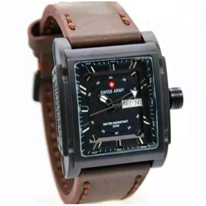 DF315 - Jam Tangan Pria Swiss Army Tanggal Hari Aktif Tali Kulit Body Kotak  full stainless Watchh {