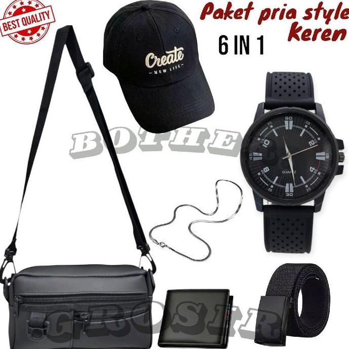 DB41 - Paket Kombo Ter-Keren Pria 6IN1 Beli Jam Tangan Analog Pria/Jam Tangan Keren Free Topi Distro