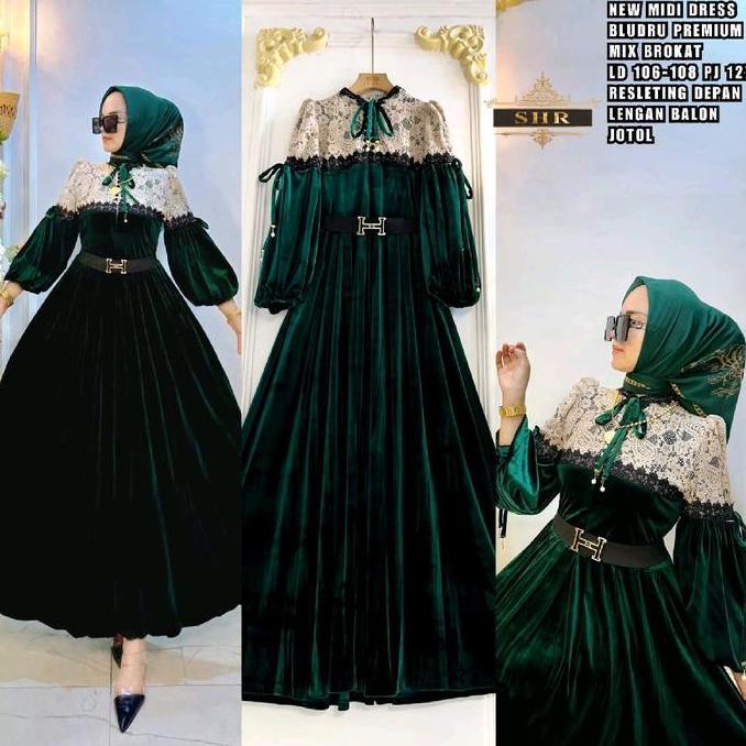 READY Dress Bludru Brukat ORI 100% SHR Gamis Wanita Lebaran Cantik
