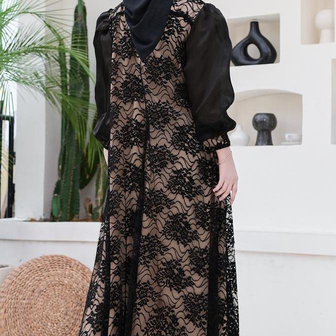 Gamis Tile Hitam Kombinasi Organza Satin Mutiara 70491 Baju Muslim Vima Mewah