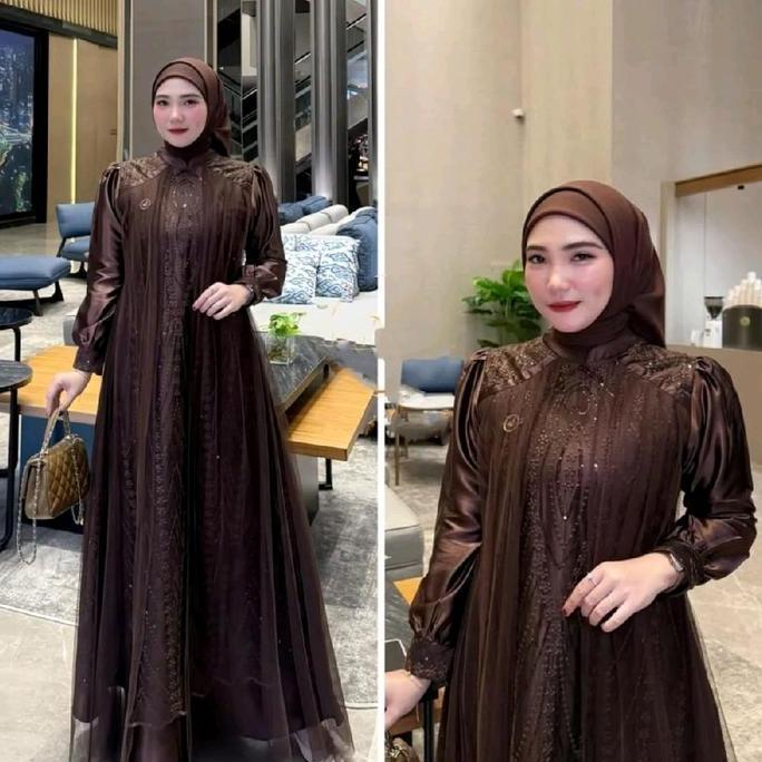 Terbaru Gamis Kondangan Leya Dress Silk Roberto Kombinasi Tille Spanggel Premium Mewah Kekinian Warn