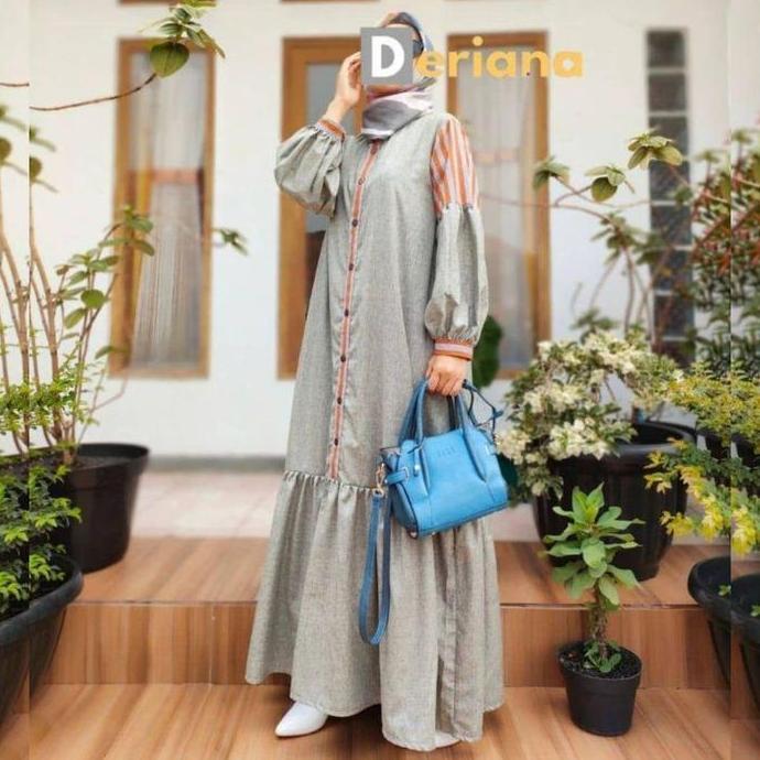 Gamis Panjang Kain Katun Wanita Muslim Dewasa Casual Modern Shaima Dress Grey Warna Abu Kombinasi Te