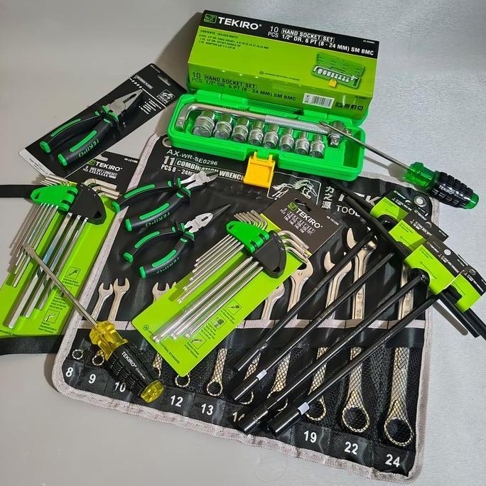 TEKIRO Paket Kunci Bengkel 13 Item Full Set Termasuk Kunci Sok 10PCS 8-24MM, Ring Pas 11PCS 8-24MM, 
