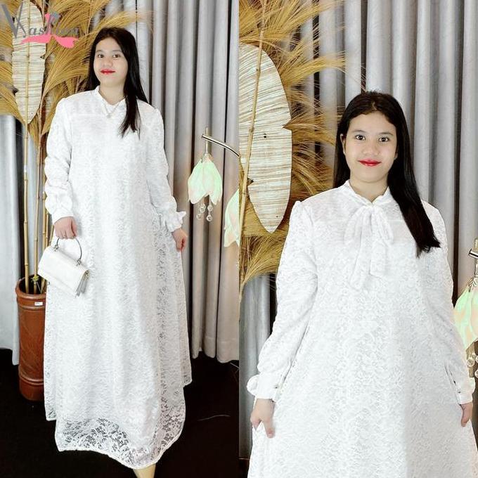 Gamis Brokat Putih Polos Tali A-70651 3 Baju Muslim Vima Mewah