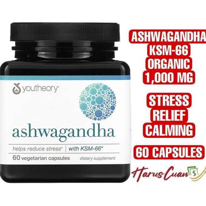Youtheory Ashwagandha KSM-66 1000 mg 60 Vegetarian Capsules Stress Relief