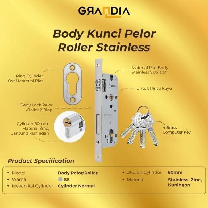 Ironbig- Body Kunci Rollerpelor 2R Roller Pintu Silinder 4  Anak Kunci 60Mm Grandia