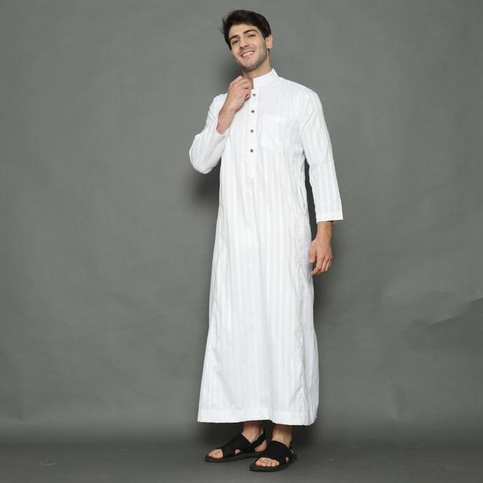 Rev Jubah Pria Gamis  Katun Muslim Thobe Motif Salur Remaja &  Dewasa