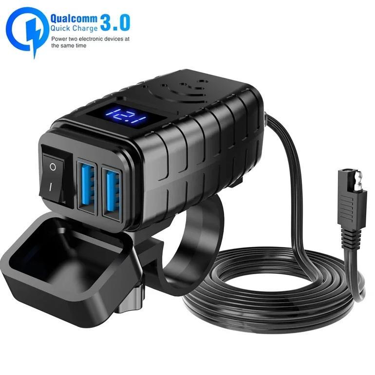 12V Dual QC3.0 Motorcycle USB Fast Cellular Charger Waterproof USB Port Socket Connector with Digita