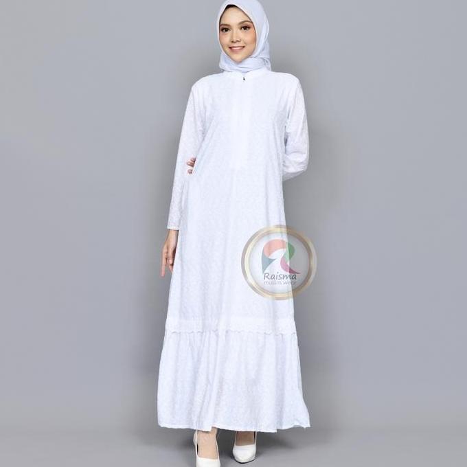 Raisma - Nihan Gamis Putih Katun Bordir Umroh Haji Model Rempel Ayassh Jepang Jilbab Motif Muslim Le