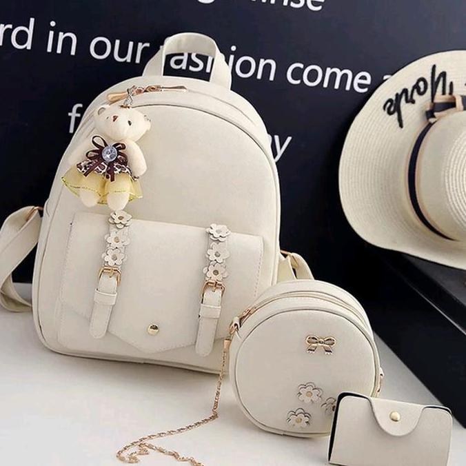 BACKPACK SET 3 IN 1 BACKPACK BANDUNG MURAH ( LOUIS BUNGA) Tas Fashion Kulit Pink Ransel  Wanita TAS 