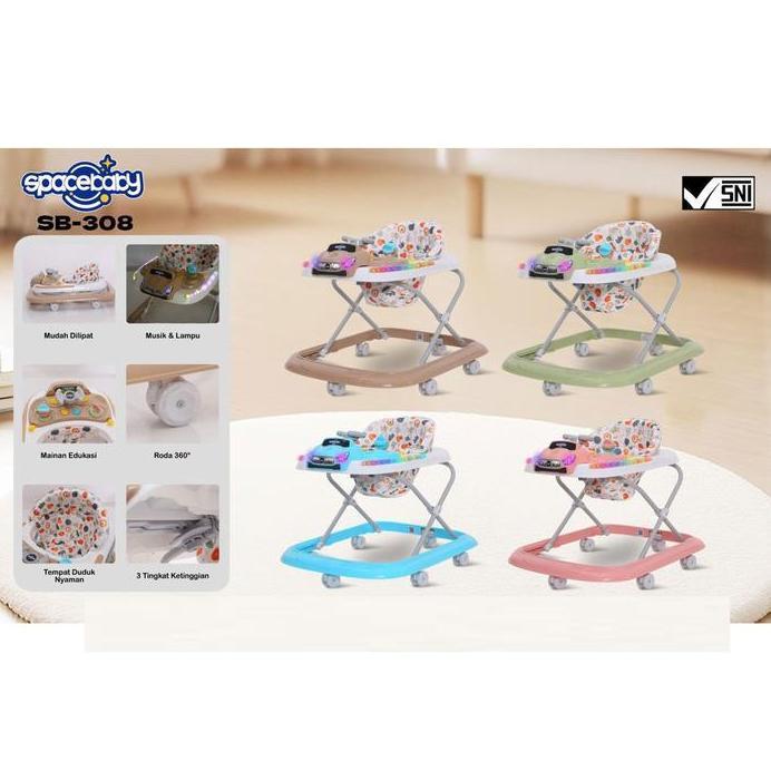 SPACEBABY BABY WALKER SB-308 CAR ADA MUSIK & LAMPU Dilengkapi Mainan Edukatif Roda 360 Ketinggian Ad