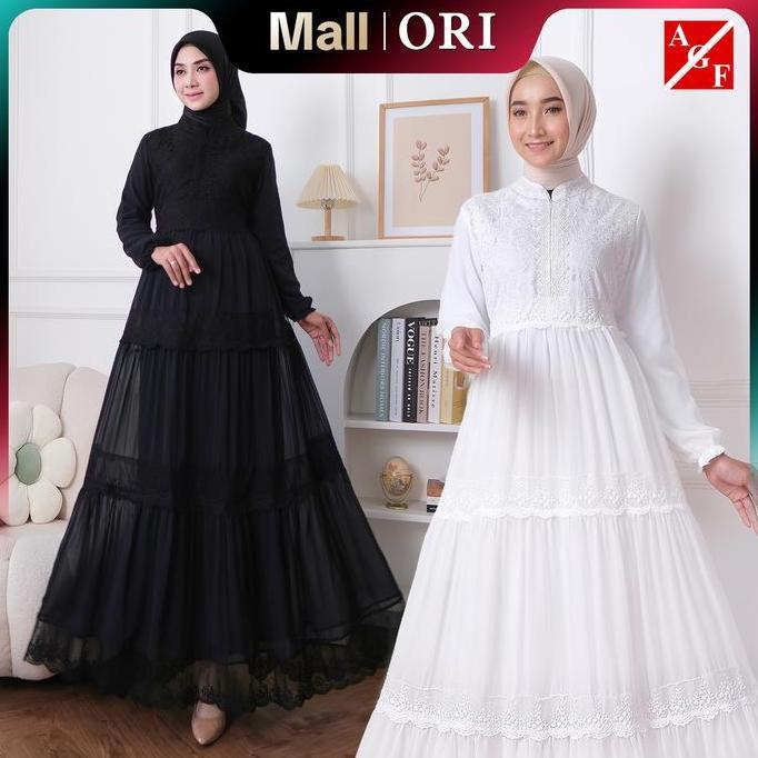 Agnes Hijab - Azzahra Dress Gamis Putih Lebaran 2026 Baju Muslim Wanita Dewasa Gaun Pesta Akad Mewah