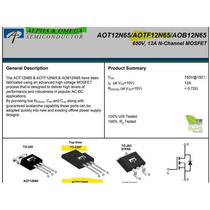 Whynot- Aotf12N65 650V 12A N-Channel Mosfet 12N65 Tf12N65 To-220F Alpha Omega Original