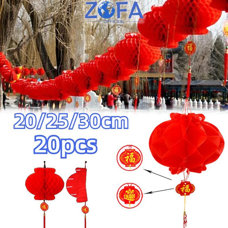 20pcs DIY Lampion Outdoor Plastik | Lampion Gantung Plastik Bulat Honeycomb Merah Dekorasi Imlek