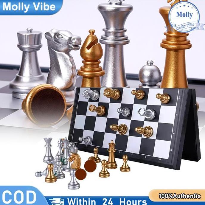 Promo Papan Catur Magnet 25x25cm 32 Bidak Emas & Perak Papan Lipat Permainan Puzzle Diskon