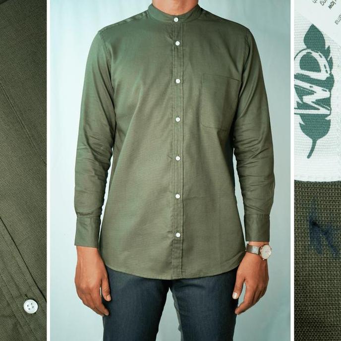 WD & Co. Baju Koko Pria Lengan Panjang Hijau Olive/Olive Green Polos