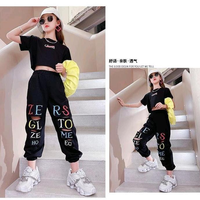 26 One Set Setelan Anak Perempuan Atasan Crop Celana Joger Hiphop Style / Baju Anak Tanggung