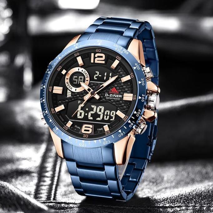 Dziner Jam tangan Pria 8306 Double Time Rantai Stainless Steel Water Resistant 3 ATM terlaris