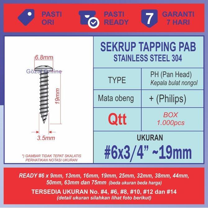 TERBARU - Sekrup stainless PAB no. 6 x19mm - ST 3.5 x 3/4" - BOX isi 1000pcs