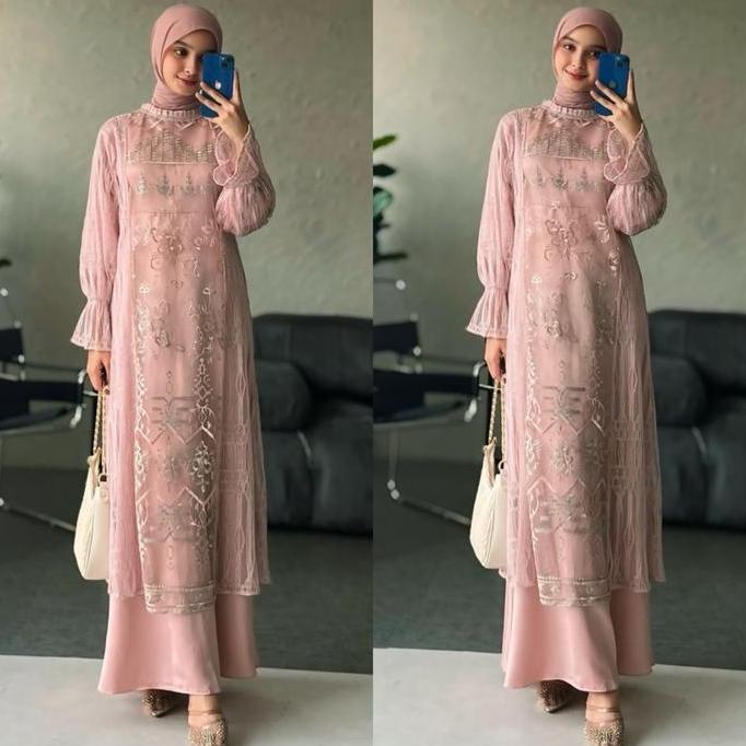 Hijablabel | Zeya - Gamis Kondangan Muslim Wanita Mewah ( Inner Outer ) | Dress Tile Panjang Simple 