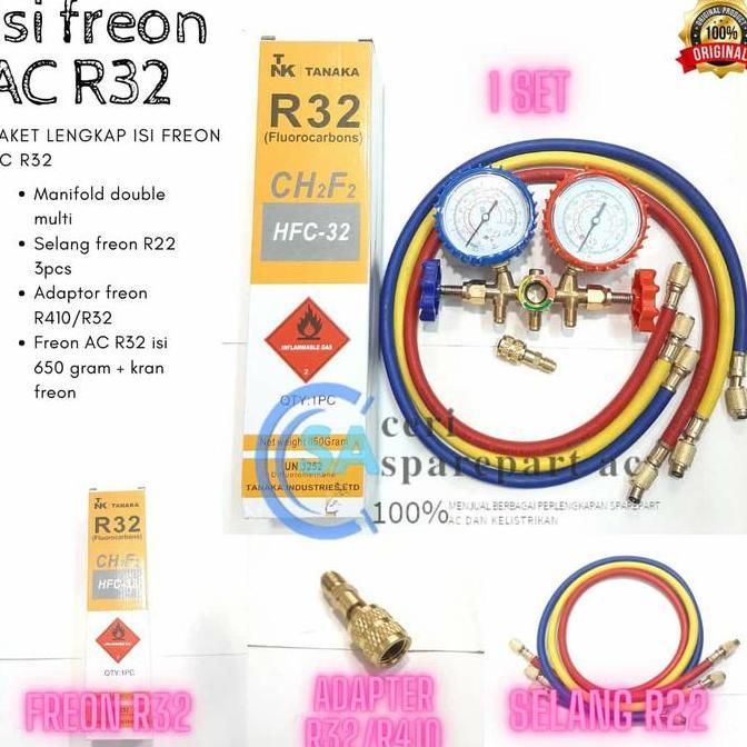 FIFONAND Paket isi freon AC R32 manifold double selang krant freon R32 650gram