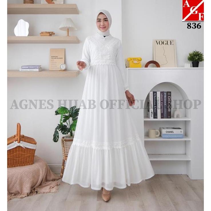 Agnes Hijab - Jihan Dress Gamis Putih Lebaran 2026 Terbaru Gaun Pesta Mewah Simple Elegan Baju Musli
