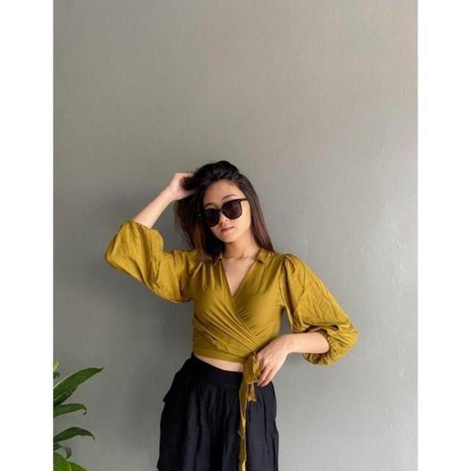 Wrap Top Blouse / Wrap Top Blouse Polos Wanita / Outer Kimono Ikat Lengan Balon Atasan Panjang Casua