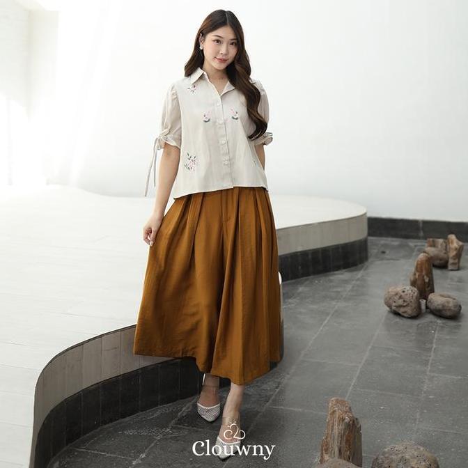 Clouwny Jenna Cullotes Pant Rok Celana Kulot Wanita High Waist Premium Linen kantong karet  Panjang 