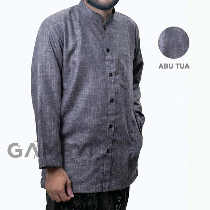 Baju koko n polos habaib kerah samghai/ Koko Gamsyi lengan panjang Putih Muslim Pria Casual Nyaman F