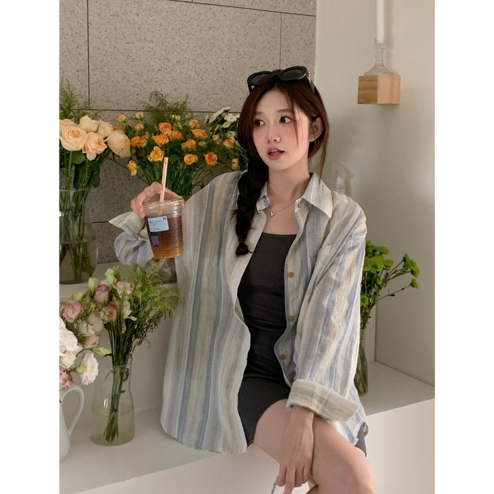 DISKON 2TOYOUNG KEMEJA LENGAN PANJANG BERGARIS LONGGAR UNTUK PERLINDUNGAN MATAHARI KEMEJA WANITA BAJ