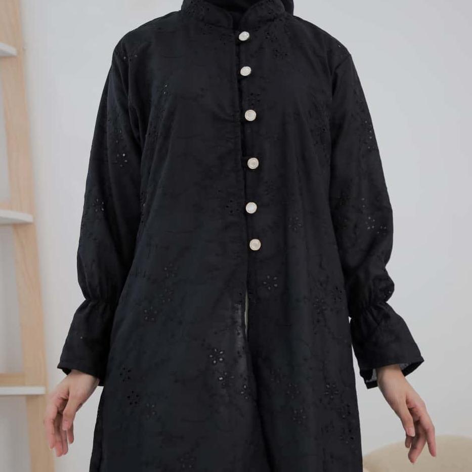 BEST SELLER LONG TUNIK KATUN BORDIR BOLONG ( KATBOL ) WANITA BW DAN HITAM ONLY KANCING DEPAN TERBARU