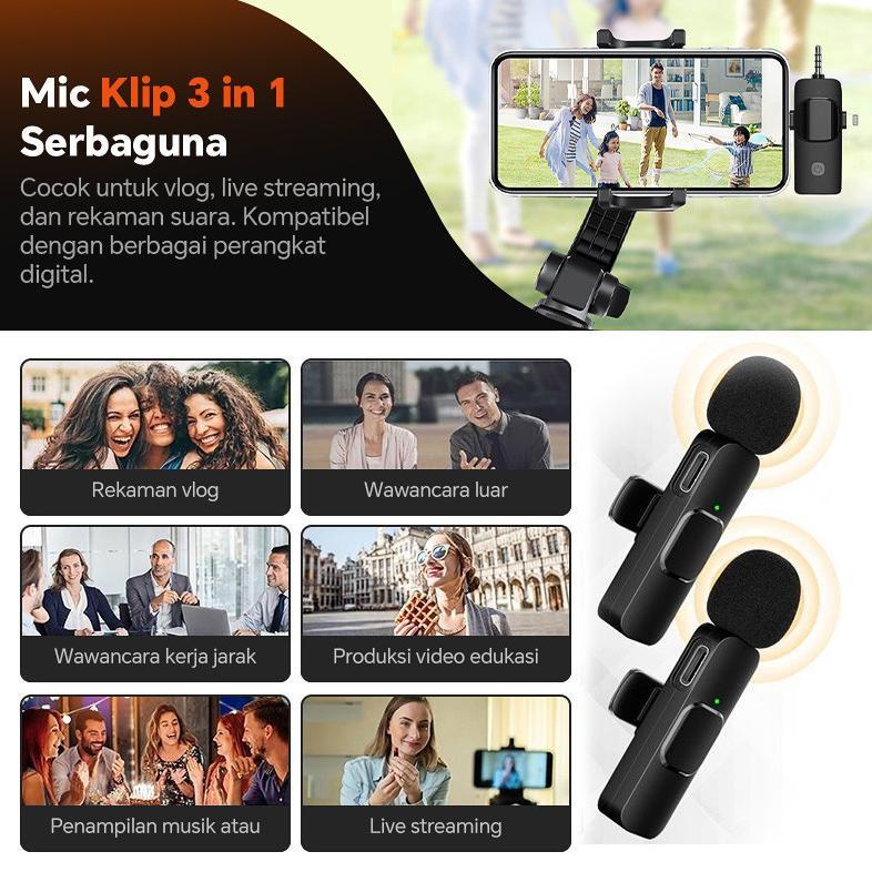 HOT SALE MIX.SUARA K15 3 In 1 2 Mic Wireless Microphone hp Tanpa Kabel Mini Clip On Mic Wireless Plu