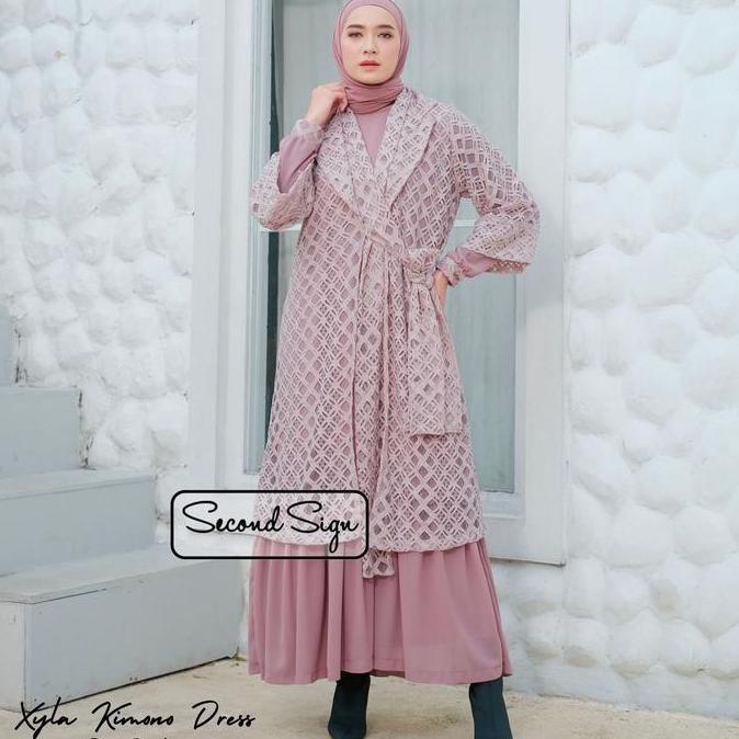 SecondSign - Xyla Kimono Dres | Dress Gamis Panjang Wanita Outer & Inner Lace Brokat Maxi Muslim Leb