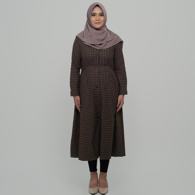 Benhill Gamis Wanita  Flannel Lengan Panjang  Kotak Coklat 1216-11530 Kancing Muslim Nyaman Serut