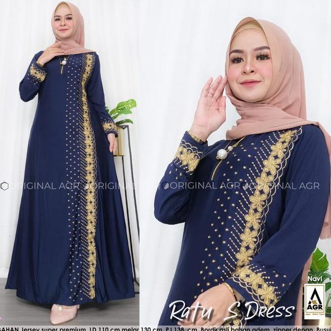 GAMIS JERSEY LIVINA BUSUI BORDIR ASLI RATU SENJA BAJU DRESS MUSLIM Fit Melar Wanita Mewah Hitam Dewa