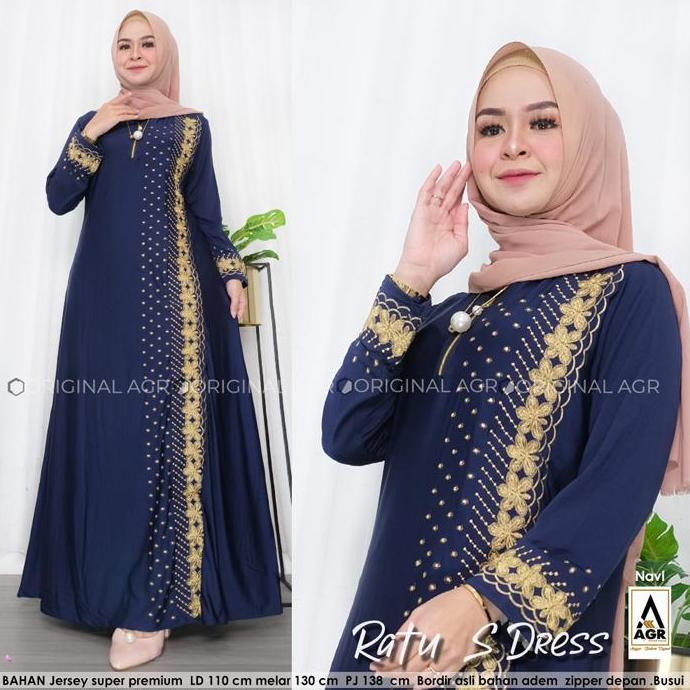 Gamis Wanita Ratu Senja Bahan Jersey Livina Motif Bordir Size L XL XXL LD 90 100 120 Lembut Melar Mu