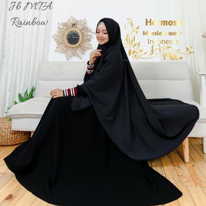 [Gamis Hermosa] Gamis polos jetblack manset rainbow bahan bludru-Gamis Jetblack MTA Hitam Raibow/Gam