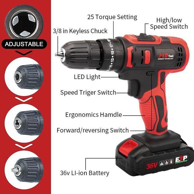 Powerx- Jld 36V Mesin Bor Baterai 36-2 Bor Impact Listrik Bor Cordless Bor Cas