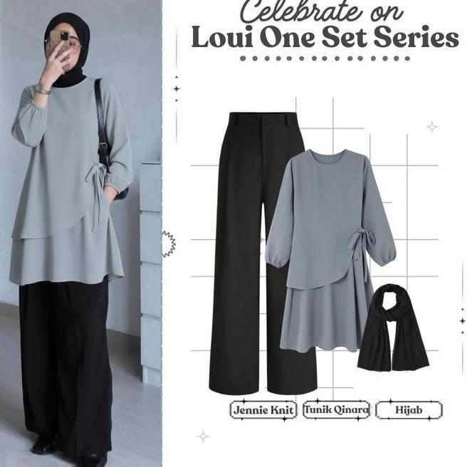 One Set Lebaran Wanita Atasan Tunik Wanita Celana Hhwaist Hijab Pasmhmina Setelan Lebaran Wanita At4