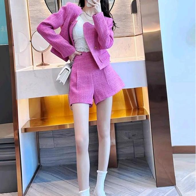 Ginfinik- Missmoka Bobbie Set Setelan Tweed Blazer Dan Celana Pendek Gaya Korea
